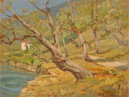 Francesco Sartorelli (Cornuda 1856 - Udine 1939) Paesaggio carsico;Olio su...