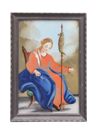 Anonym/Anonimo Pittura dietro vetro , XIX sec.;"Hl. Maria beim Spinnen" e...
