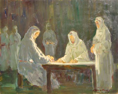 Guido Mattuzzi (Trentino 1903 - 1977) I due di Emmaus, 1970;Olio su cartone,...