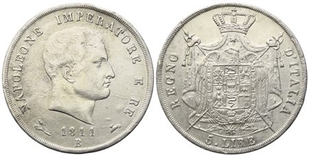 BOLOGNA. Regno d'Italia. Napoleone I (1805-1814). 5 lire 1811;  Ag (24,90 g; 37 mm)
