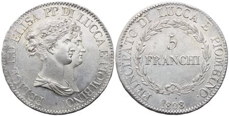 LUCCA. Principato di Lucca e Piombino. Elisa Bonaparte e Felice Baciocchi (1805-1814). 5 Franchi 1808; Ag (25 g; 36,5 mm)