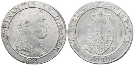 NAPOLI. Regno di Napoli. Ferdinando IV di Borbone (1759-1816). Piastra 1805; Ag (27,46 g; 38,2 mm)