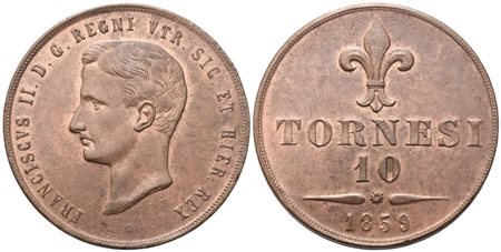 NAPOLI. Regno delle Due Sicilie. Francesco II di Borbone (1859-1860), 10 Tornesi 1859; Cu (31 g; 37 mm)