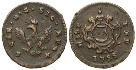 PALERMO. Regno di Sicilia. Carlo di Borbone (1734 - 1759). 3 Piccioli 1755; Cu (2,10 g; 19 mm)