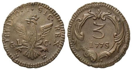 PALERMO. Regno di Sicilia. Ferdinando III di Borbone (1759-1816). Mezzo grano 1775; Cu (2,40 g; 18,5 mm)