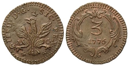 PALERMO. Regno di Sicilia. Ferdinando III di Borbone (1759-1816). Mezzo grano 1776; Cu (2,18 g; 19 mm)