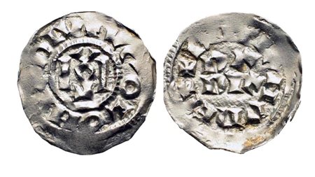 PAVIA. Ugo di Arles Re d'Italia e Lotario II (931-947). Denaro; Ag (1,66 g)