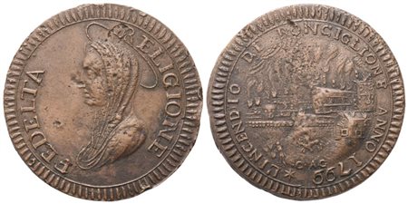 RONCIGLIONE. Occupazione austriaca (dicembre 1799 - giugno 1800). 3 Baiocchi o Madonnina dell'Incendio, 1799; Cu (17,44 g; 32,5 mm)