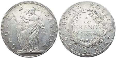 TORINO. Repubblica Subalpina (1800-1802). 5 Franchi Anno X (1802); Ag (24,93 g; 37,44 mm)