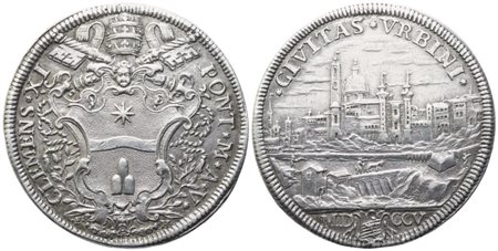 STATO PONTIFICIO. Roma. Clemente XI (1700-1721). Mezza piastra 1705 – Anno V; Ag (16 g; 36,5 mm)