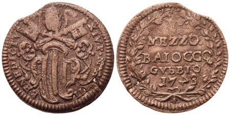 STATO PONTIFICIO. Gubbio. Benedetto XIV (1740-1758). Mezzo Baiocco 1748 – Anno VIII; Cu (5,93 g; 26,5 mm)