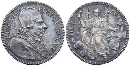 STATO PONTIFICIO. Roma. Benedetto XIV (1740-1758). Doppio Giulio 1756 – Anno XVI; Ag (5,02 g; 25,6 mm)
