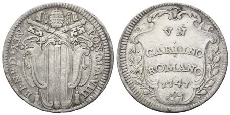 STATO PONTIFICIO. Roma. Benedetto XIV (1740-1758). Carlino 1747 – Anno VIII; Ag (2,46 g; 20,7 mm)