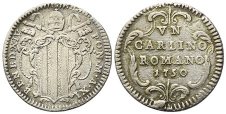 STATO PONTIFICIO. Roma. Benedetto XIV (1740-1758). Carlino 1750 – Anno XI; Ag (2,3 g; 20,8 mm)
