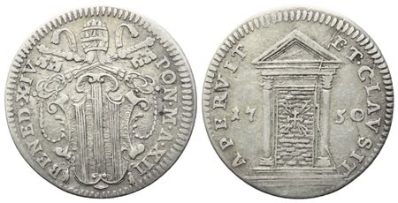STATO PONTIFICIO. Roma. Benedetto XIV (1740-1758). Mezzo Grosso 1750 –  Anno XII "Giubileo"; Ag (1,24 g; 19 mm) 