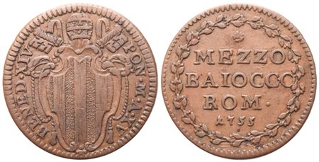 STATO PONTIFICIO. Roma. Bendetto XIV (1740-1758) , Mezzo baiocco 1755 – Anno XV; Cu (5,70 g; 25,8 mm)