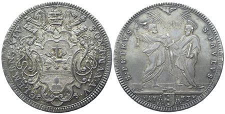 STATO PONTIFICIO. Roma. Clemente XIV (1769-1774), Testone 1773 – Anno V; Ag (7,91 g; 30,5 mm)