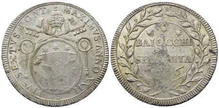STATO PONTIFICIO. Roma. Pio VI (1775-1799). 60 Baiocchi 1796 – Anno XXII; Ag (16,90 g; 37,2 mm)