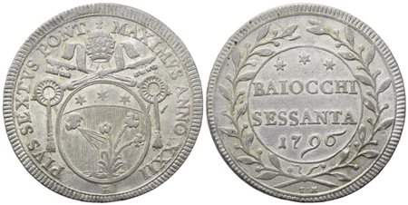 STATO PONTIFICIO. Roma. Pio VI (1775-1799). 60 Baiocchi 1796 – Anno XXII; Ag (22,20 g; 37 mm)