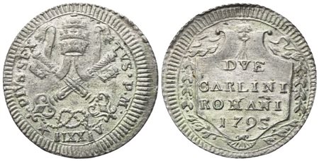 STATO PONTIFICIO. Roma. Pio VI (1775-1799). 2 Carlini 1795 – Anno XXI; Mi (5,70 g; 28 mm)