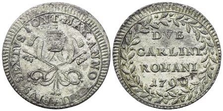 STATO PONTIFICIO. Roma. Pio VI (1775-1799). 2 Carlini 1796  – Anno XXII; Mi (4,26 g; 26 mm)