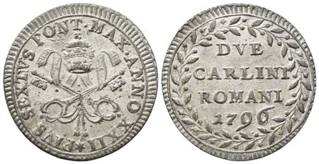 STATO PONTIFICIO. Roma. Pio VI (1775-1799). 2 Carlini 1796 – Anno XXII; Mi (4,25 g; 26 mm)