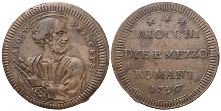 STATO PONTIFICIO. Roma. Pio VI (1775-1799). 2 Baiocchi e mezzo 1796; Cu (17,25 g; 30 mm)