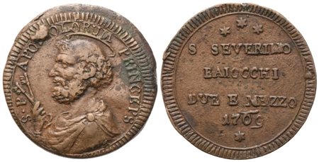 STATO PONTIFICIO. San Severino. Pio VI (1775-1799). 2 Baiocchi e mezzo 1769; Æ (15,73 g; 29,8 mm)