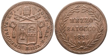 STATO PONTIFICIO. Bologna. Gregorio XVI (1831-1846). Mezzo Baiocco 1838 – Anno VIII; Cu (4,90 g; 23,5 mm)