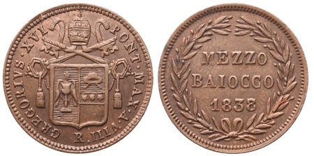 STATO PONTIFICIO. Roma. Gregorio XVI (1831-1846). Mezzo Baiocco 1838 – Anno VIII; Cu (5,24 g; 23 mm)