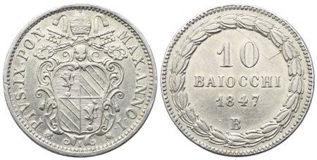 STATO PONTIFICIO. Bologna. Pio IX (1846-1870). 10 Baiocchi 1847 – Anno I; Ag (2,62 g; 19,8 mm)