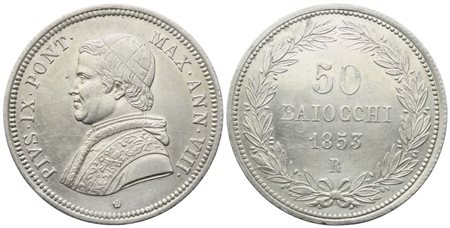 STATO PONTIFICIO. Roma. Pio IX (1846-1870). 50 Baiocchi 1853 – Anno VIII; Ag (13,48 g; 31 mm)