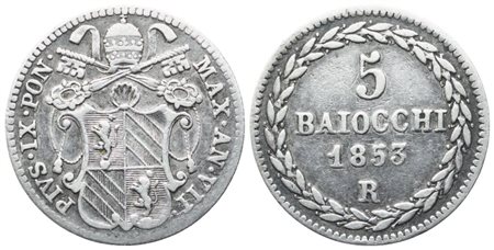 STATO PONTIFICIO. Roma. Pio IX (1846-1870). 5 Baiocchi, 1853 – Anno VII; Ag (1,32 g; 16,2 mm)