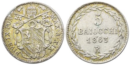 STATO PONTIFICIO. Roma. Pio IX (1846-1870). 5 Baiocchi 1865 – Anno XIX; Ag (1,33 g; 16,5 mm)