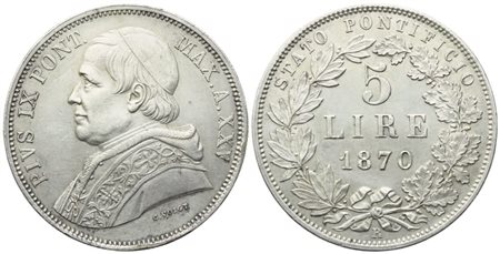 STATO PONTIFICIO. Roma. Pio IX (1846-1870). 5 Lire 1870 – Anno XXV; Ag (25 g; 37 mm) 