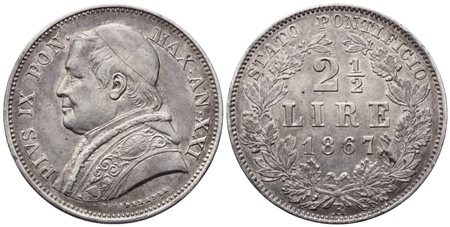 STATO PONTIFICIO. Roma. Pio IX (1846-1870). 2 Lire e mezzo 1867 – Anno XXI; Ag (12,53 g; 30 mm)