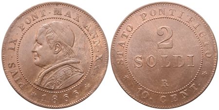 STATO PONTIFICIO. Roma. Pio IX (1846-1870). 2 Soldi 1866 – Anno XXI; Cu (10,18 g; 31,8 mm)