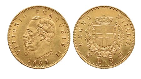TORINO. Regno d'Italia. Vittorio Emanuele II (1861-1878). 5 Lire 1865; Au (1,61 g; 17 mm)