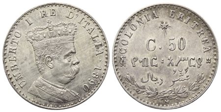 COLONIA ERITREA. Umberto I (1890-1896). 50 Centesimi 1890; Ag (2,50 g; 17,8 mm)