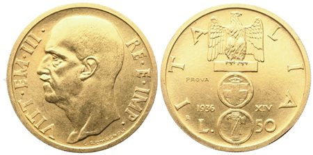 REGNO D'ITALIA. Vittorio Emanuele III (1900-1946). 50 Lire 1936 "Impero" PROVA; Au (4,41 g; 20,4 mm)