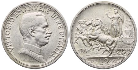 REGNO D'ITALIA. Vittorio Emanuele III (1900-1943). 2 Lire "Quadriga  briosa" 1916; Ag (10 g; 26,7 mm)