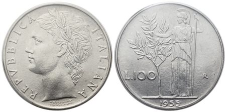 ROMA. Repubblica Italiana (Monetazione in Lire, 1946-2001). 100 Lire 1955 "Minerva" 1° Tipo; Ac (8 g; 27,8 mm)