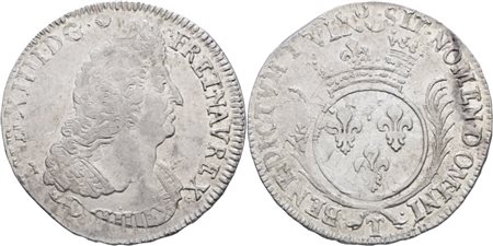 FRANCIA. Nantes. Luigi XIV (1643-1715). Écu aux palmes 1694 T; Ag (27,19 g)