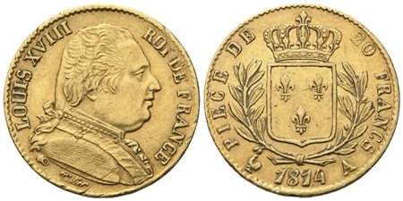 FRANCIA. Luigi XVIII (1814-1824). 20 Franchi 1814, Parigi; Au (6,45 g; 20,5 mm)