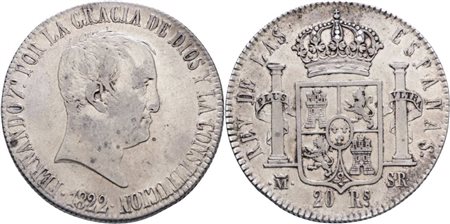 SPAGNA. Madrid. Ferdinando VII di Borbone (1808-1833). 20 reales 1822 "Cabezón"; Ag (26,99 g)