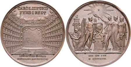 NAPOLI. REGNO DELLE DUE SICILIE. Ferdinando I di Borbone (1816-1825). Medaglia 1817 per la ricostruzione del teatro San Carlo; Æ (37,3 mmI