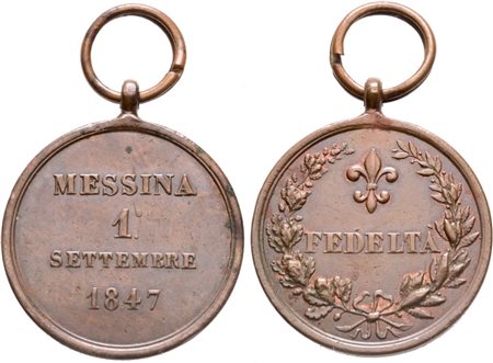 NAPOLI. REGNO DELLE DUE SICILIE. Ferdinando II di Borbone (1830-1859). Medaglia per la repressione della rivolta di Messina 1847 "Fedeltà"; Æ (31,2 mm)