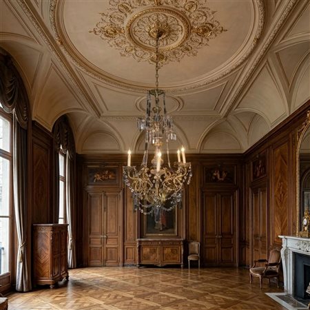 Lampadario a 6 luci con fusto in ottone dorato e vetro con brindoli e piattini in vetro