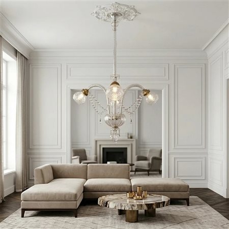 Lampadario a tre luci con stelo e bracci in vetro a torchion, Early 20° secolo