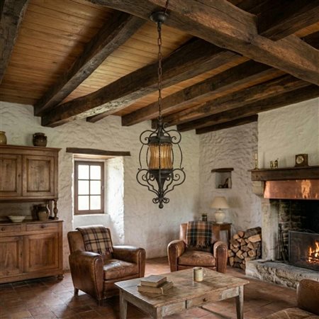 Lampadario a quattro luci, tre bracci con vetri a pigna., Early 20° secolo.